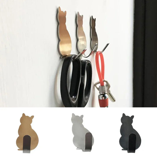 2Pcs Cat-shaped Metal Wall Door Hanger Hook Keys Holder Strong Stainless Steel Adhesive Hook Kitchen Bathroom Home Decor