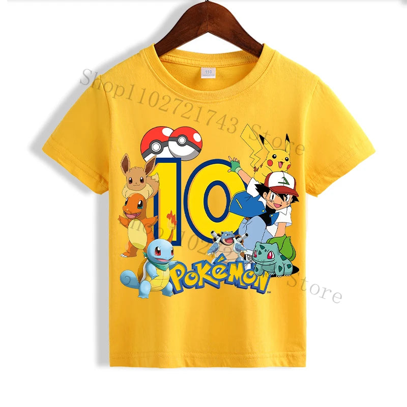 Pokemon Pikachu Yellow T-shirts for Children Anime Short Sleeved Shirt Boys Girls Summer Fashion Number 1-10 Tops Kids Clothes