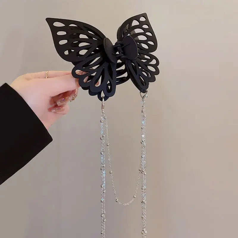 Long Tassel Butterfly Hair Clips for Women Headdress Temperament Elegant Hairpin Black Grab Clip Elegant French Hair Accessories