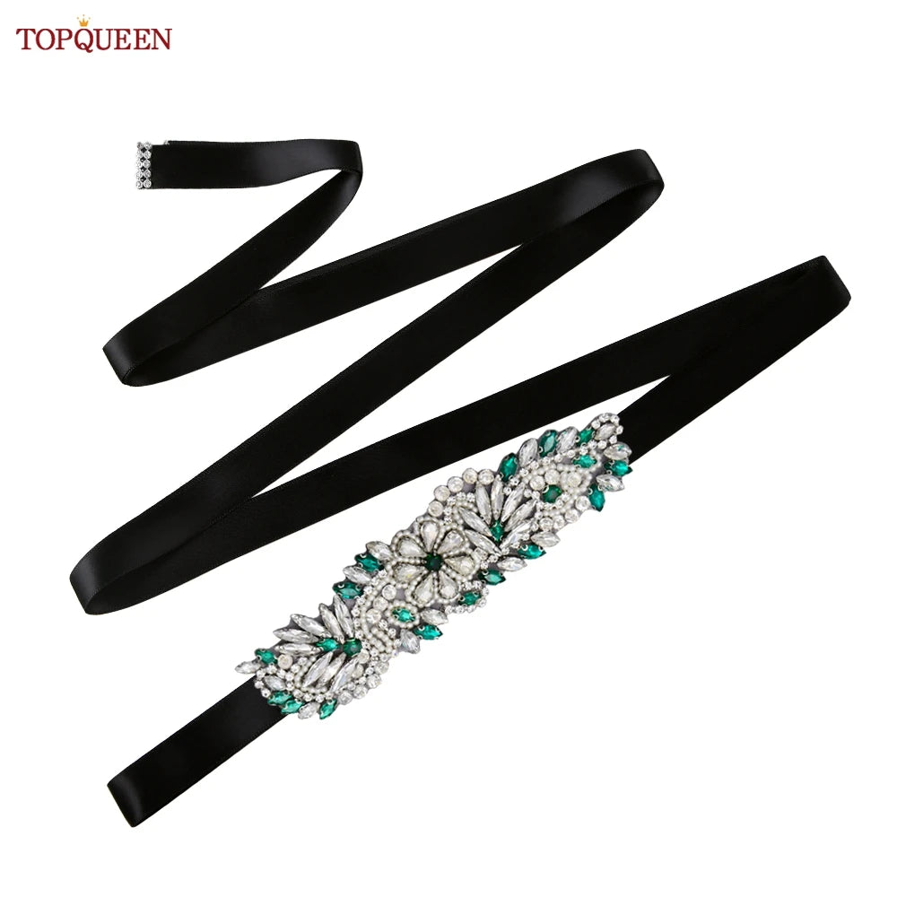 TOPQUEEN S22 Bride Rhinestone Belt Shiny Wedding Accessories Party Woman Emerald Belts Jewelry Wedding Dress Decoration Sash