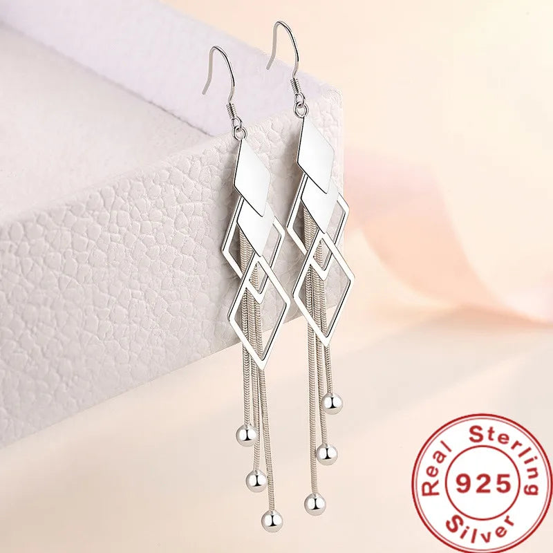 Fashion 925 Sterling Silver Long Earrings Diamond-Shaped Geometric Earrings For Women'S Wedding Charm Jewelry Gifts