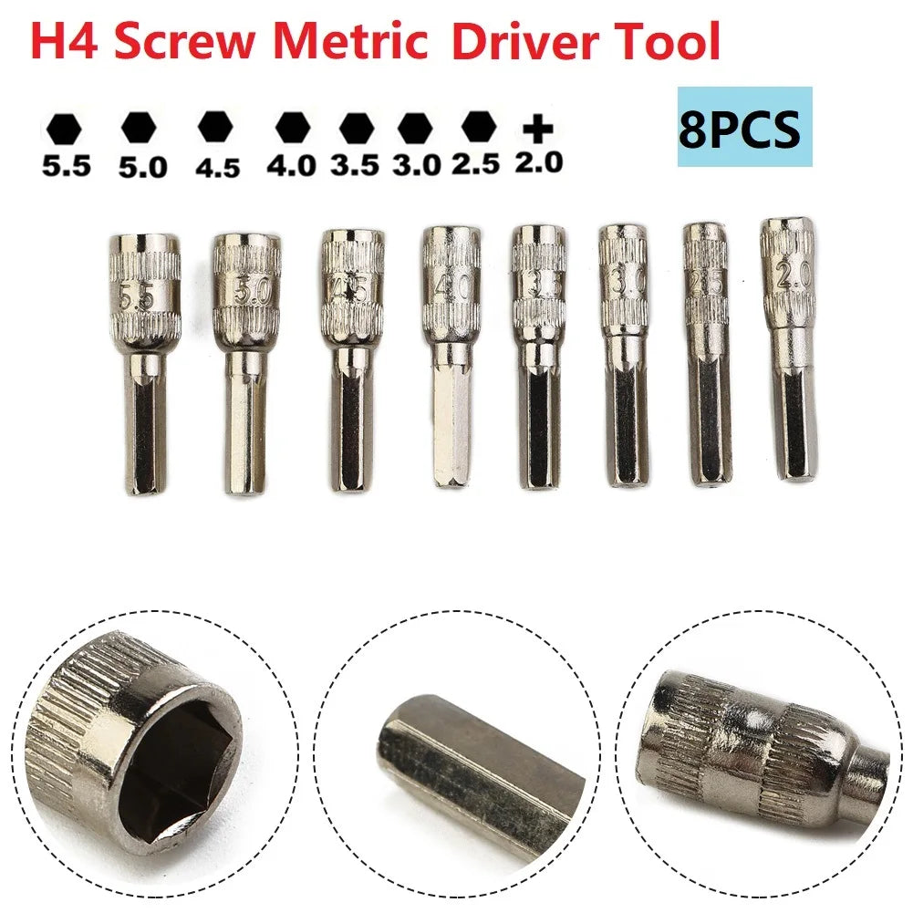 Innensechskant-Steckschlüsseleinsatz H4, Schraube, silberfarben, Treiberwerkzeug, Sechskantmutter, metrisch, PH2.0/M2.5–5,5 mm, 8-teilig/Set, Bohrer für Autoreparatur 