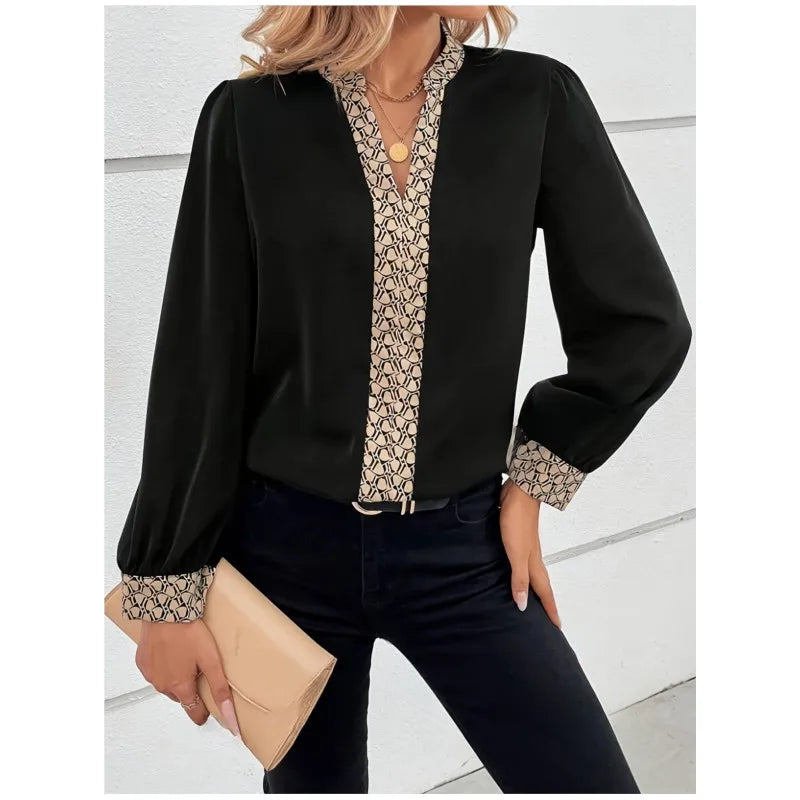 2025 New Chic Women Blouse Fashion Print Long Sleeve Tops V Neck Pulover Elegant Women's Clothing Office Clothes For Ladies Hot