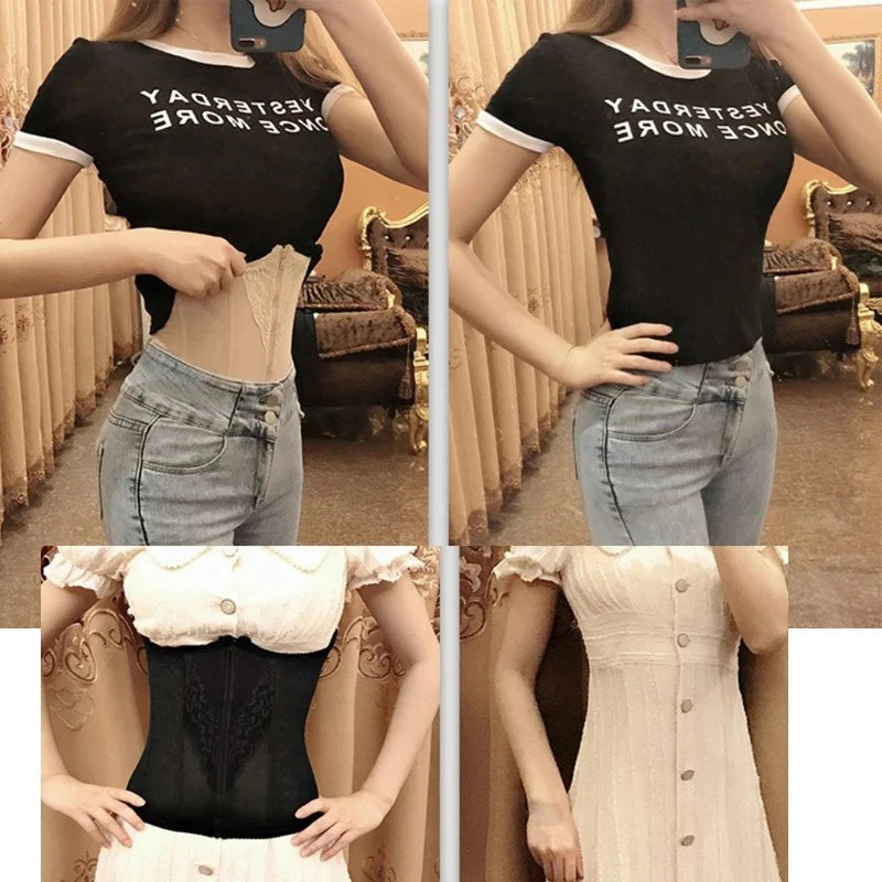 Dimmkof 9 Steel Bones Waist Trimmer Women's Tummy Control Double Buckle Shapewear Breathable Mesh Workout Hourglass Shape Girdle