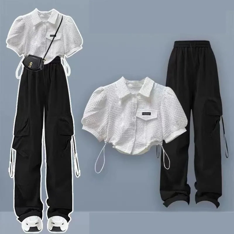 2025 Summer New Chic Tracksuit Matching Set Girl Casual Short Short-sleeved Top+Loose Cargo Pants Two Piece Female Clothes Suit