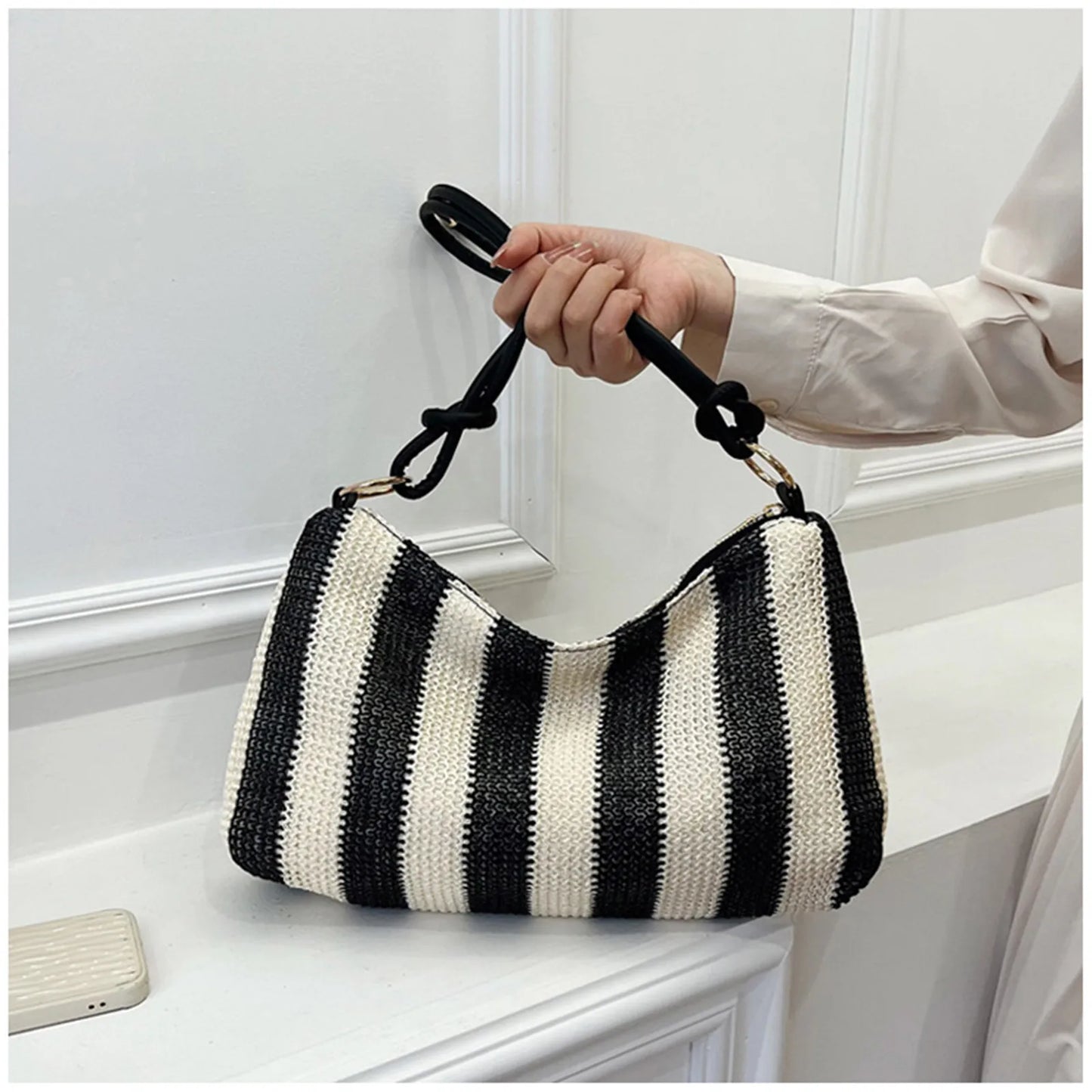 Straw Bags For Women Summer Fashion Striped Shoulder Bag Trendy Straw Purses And Handbags Ladies Beach Holiday Shopping Bags