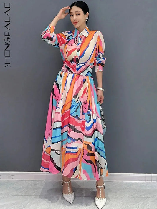 SHENGPALAE 2024 Summer New Women 2 Piece Set Printed Mid Sleeve Shirt And Large Swing Skirt Loose Fashion Female Clothes 5C7427