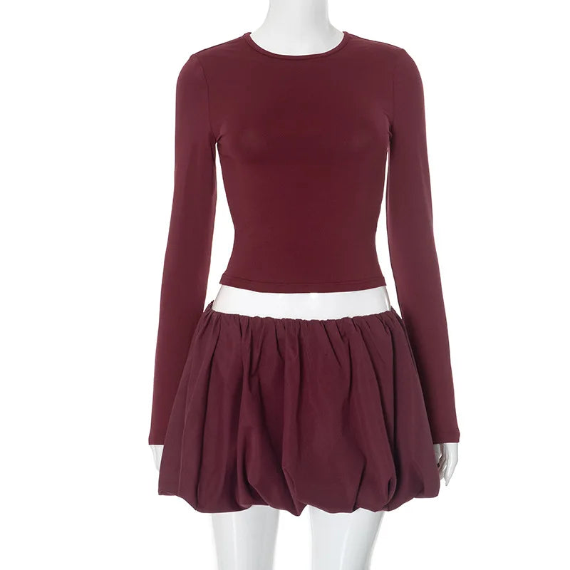 Trendix Pleated Skirt 2 Piece Sets Women Burgundy Bodycon Long Sleeve Shirts Vintage Fashion High Waist Dress Suits 2024 Winter