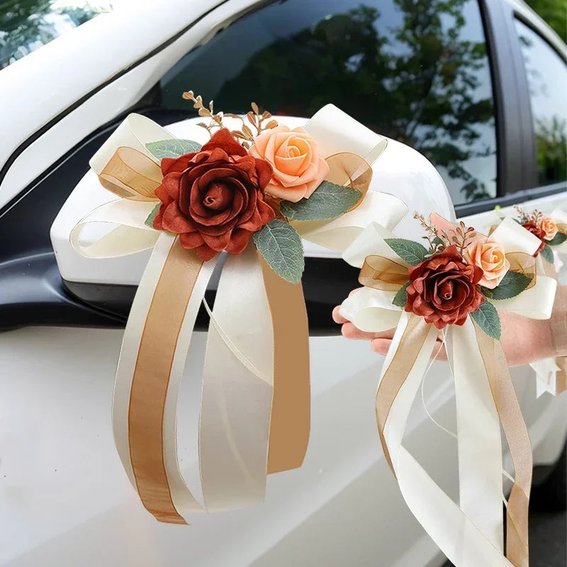 1PC Wedding Car Rearview Mirror Decoration Flower Door Handle Bow Decoration Retro Simulation Flower Wedding Chair Back Flower