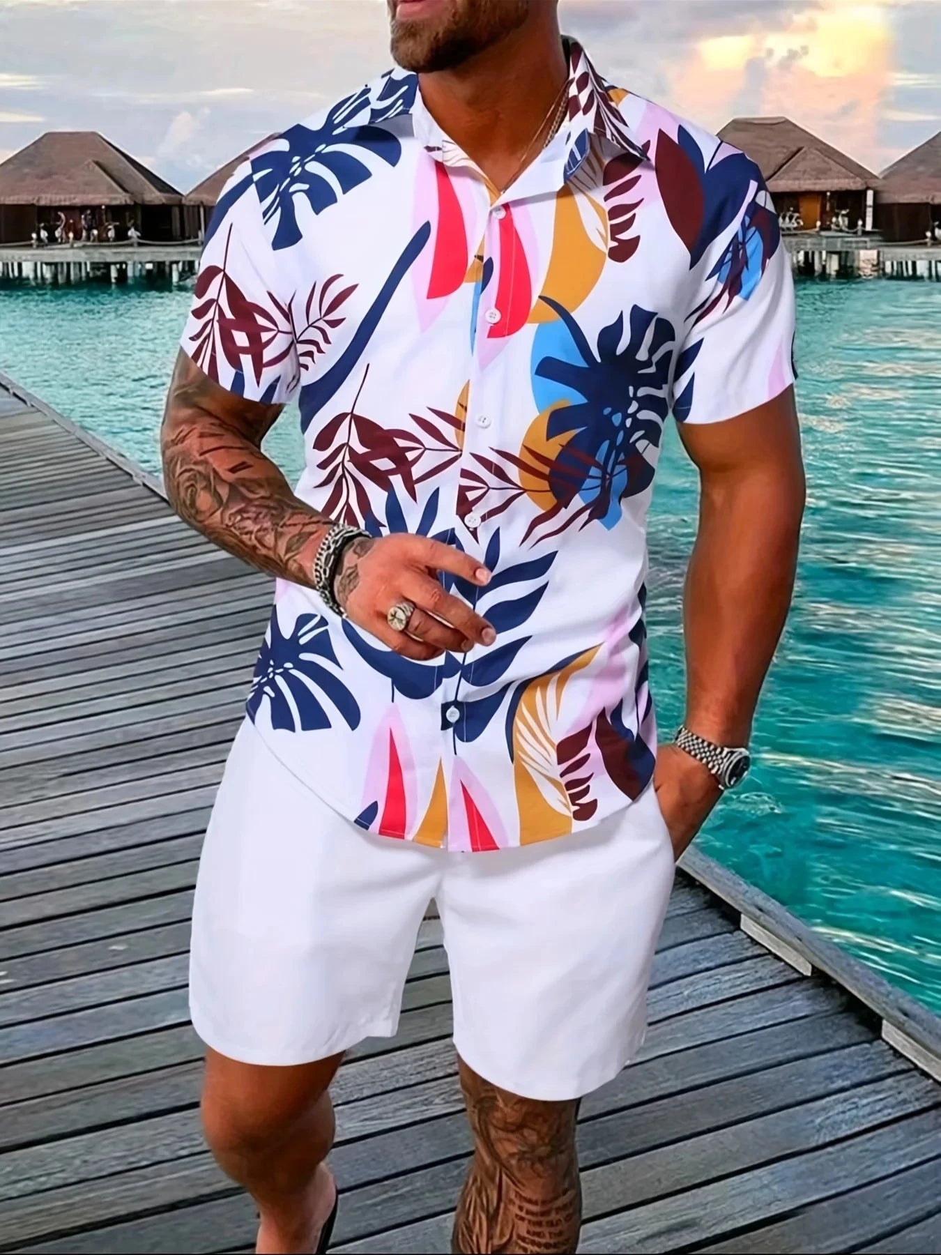 Hawaiian Flamingo Strip Printed Set Casual Streetwear Button Short Sleeve Shirt, Two-piece mon