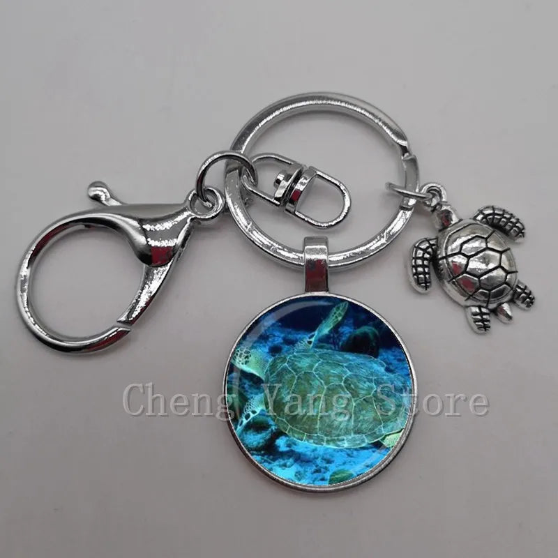 Marine life jewelry turtle dolphin shell keychain key ring glass convex round keychain charm turtle pendant Christmas gift