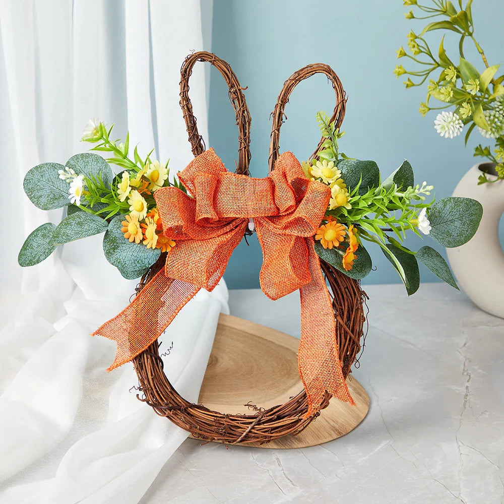 Easter Wreath Cartoon Rabbit Shape Outdoor Home Door Hanging Decoration Hand-Woven Simulated Wreath Ribbon Bow Decoration