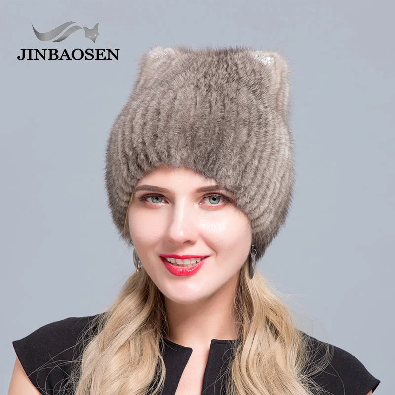 JINBAOSEN Winter Women's Mink Fur Hat Knitted Sweater Hat New Fashion Cat Ears Style European And American Style Ski Caps