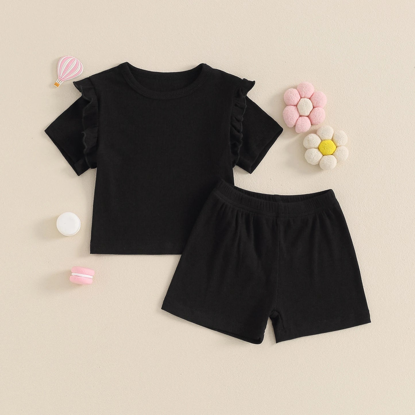 Newborn Toddler Baby Girl Summer Clothes Knit Ribbed Ruffle Shirt Shorts Sets Casual Outfits 0 3 6 9 12 18 Months 2T