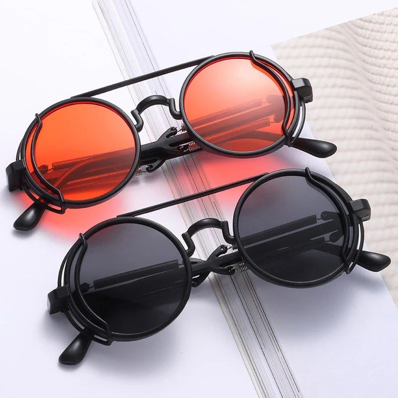 Classic Gothic Steampunk Sunglasses Double Spring Leg Glasses Men's Brand Designer Round Punk Eyewear Women UV400 Protection