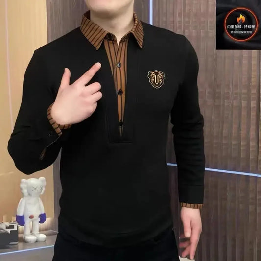 Luxury Shirt Collar Sweatshirts Men Thickened Velvet Business Social Sweatshirts Streetwear Casual Pullover T-shirts Tops 2025