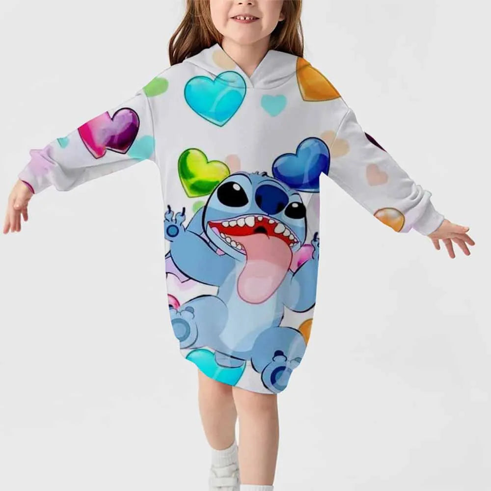 2024 neuer Disney-Stichmuster-Kapuzenrock für Herbst und Winter für Mädchen, süßes, bequemes Langarm-Kapuzenpulloverkleid 