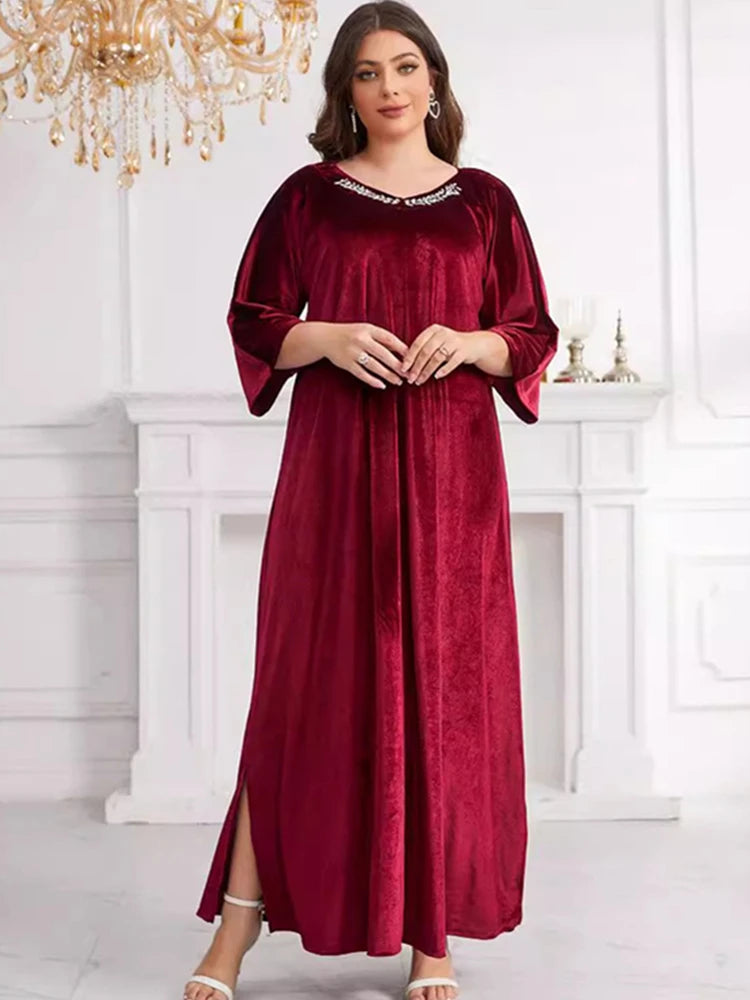 Vintage Loose Muslim Robe Fashion Casual Solid Velvet Red Long Dresses African Women Party Club Maxi Dress Islamic Clothing