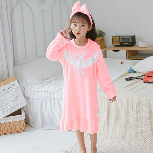 Autumn Winter Girls Flannel Nightdress Children Long-sleeve Nightdress Round Neck Bowknot Decoration Princess Style Pajamas