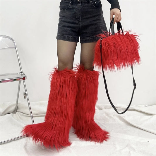 Designer Fluffy Plush Shoulder Bag Warm Faux Mongolian Fur HandBags for Women Brands Large Hobo  Shopper Heart Shaped Purses