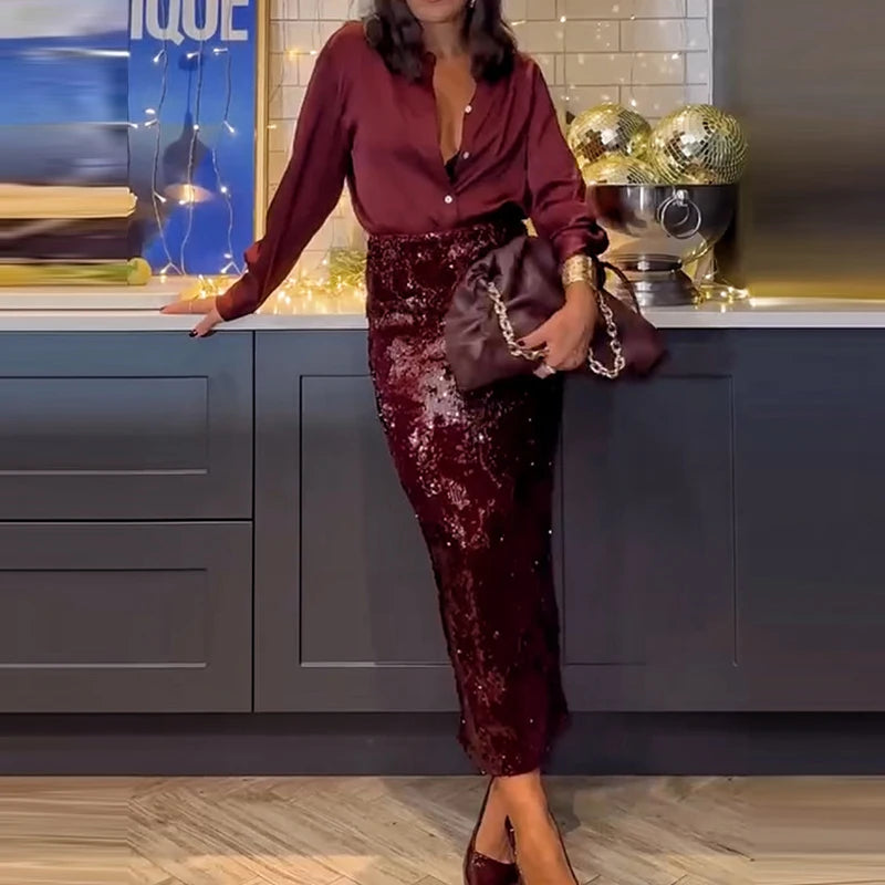 2025 Fashion Temperament Party Suits Elegant Lapel Button Shirts & Sequin Skirt Sets Women Casual Long Sleeve Solid 2Pc Outfits