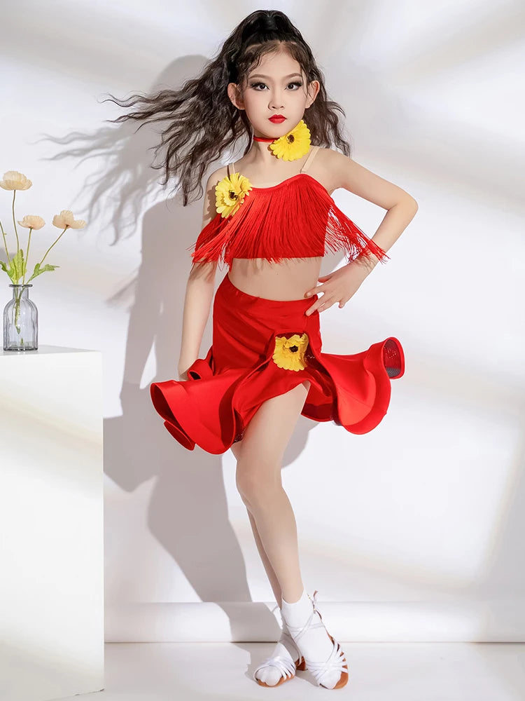 Latin Dance Outfit for Girls 2024 New Summer Children New Floral Practice Competition Clothing