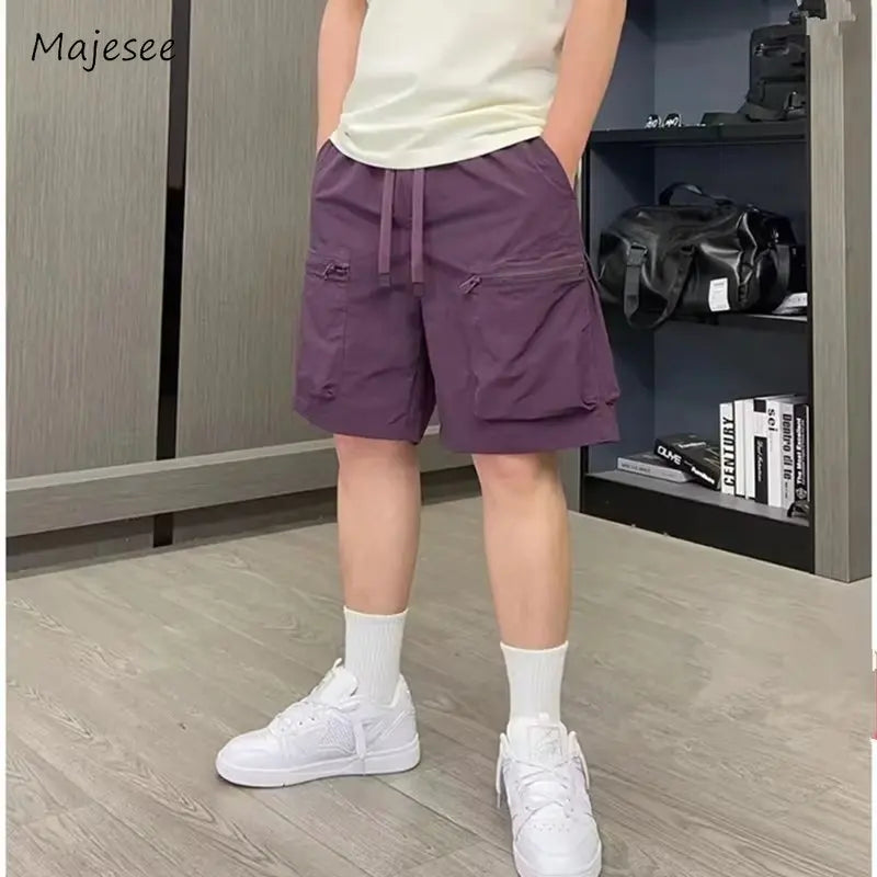 Cargo-Shorts für Herren, einfarbig, locker, trendig, amerikanischer Stil, High Street, mehrere Taschen, Reißverschluss, Alltag, Sommer, Kordelzug, schön, jugendlich 