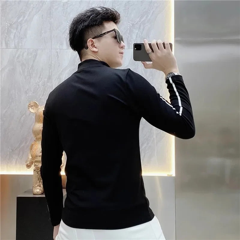 Luxury Embroidery Half High Collar Bottoming Shirt for Men Slim Fit Casual Long Sleeved T-shirts Social Sweatshirt Pullover