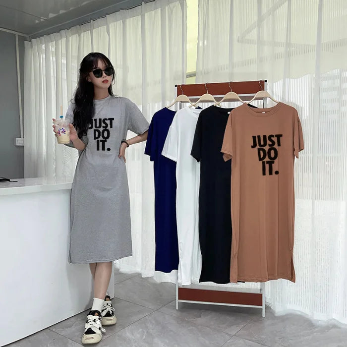 Korean version short sleeved t-shirt dress summer clothing fashionable and minimalist long dress casual knee length dress D42B
