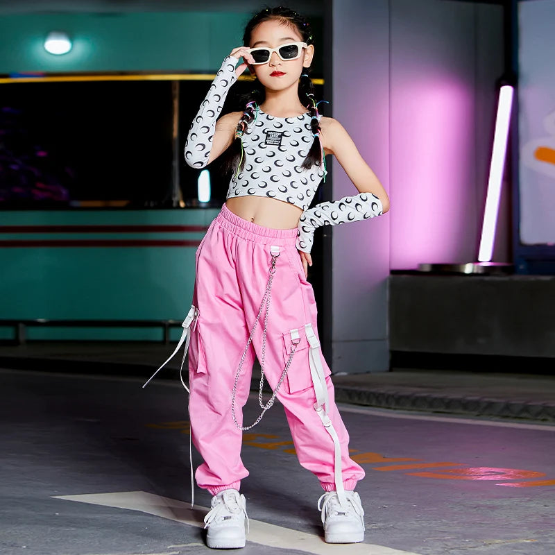 Pink Hip-Hop Street Dance Clothe Rave Clothing Summer Girl Sets K-pop Outfit Crop Tops Cargo Pants Performance Costume 120-170CM