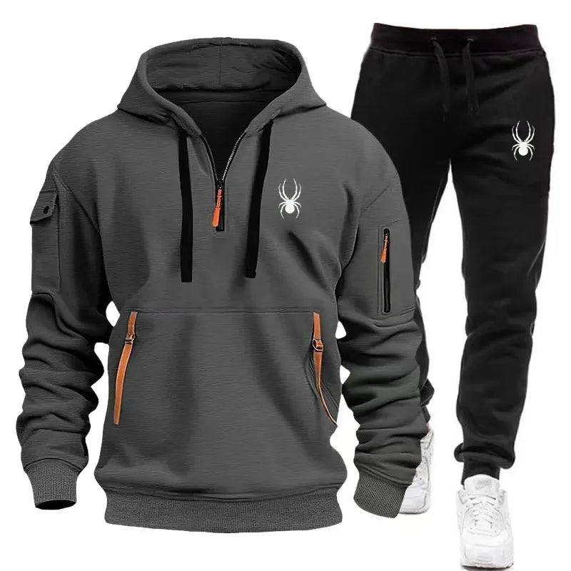 New men's sports suit hooded sweatshirt long pants arm pocket zipper fashionable casual outdoor jogging sportswear men's suit mon