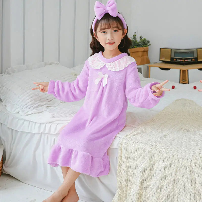 Autumn Winter Girls Flannel Nightdress Children Long-sleeve Nightdress Round Neck Bowknot Decoration Princess Style Pajamas