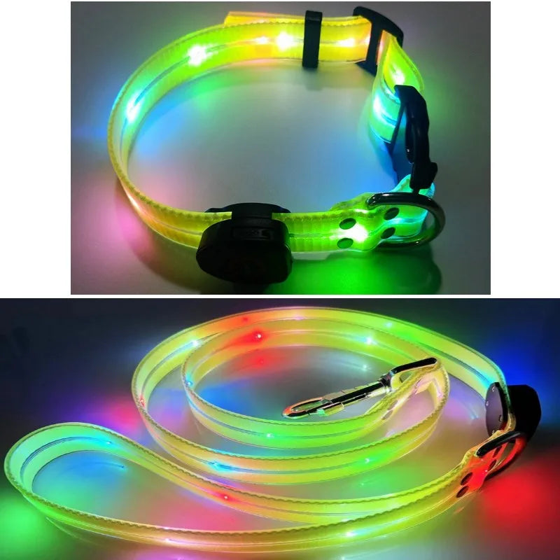 Light Up Dog Leash With Collar Set Waterproof PVC Rope USB Rechargeable Glow In The Dark Visiable Safety Night Walking
