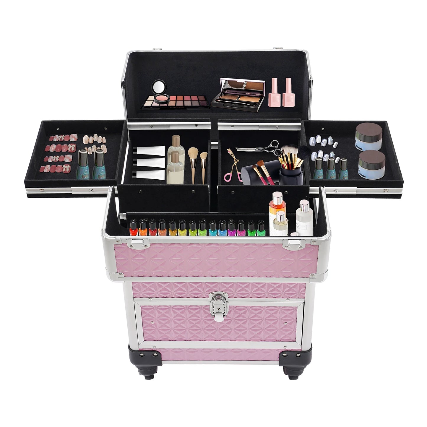 Rolling Nail Case Wheeled Manicure Storage Case Polish Organizer Professional Makeup Trolley for Studio or Travelling