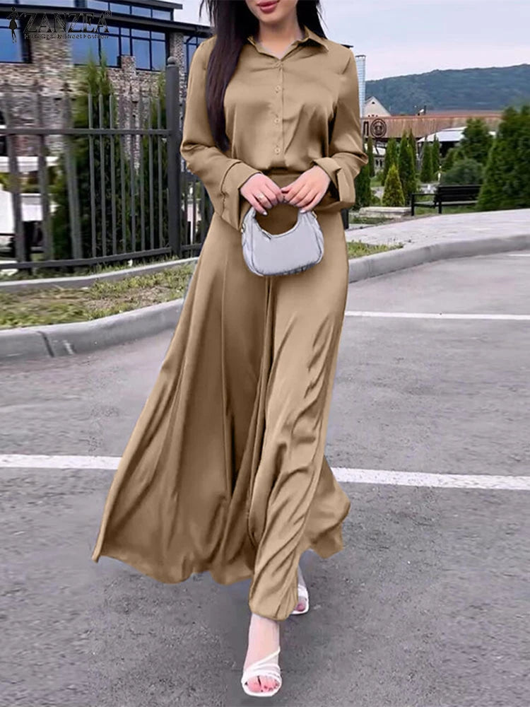 Vintage Satin Silk Dress Suit ZANZEA Fashion Solid Shirt Outfits Swing Skirt Sets Casual Loose Buttons Holiday Office 2pcs Sets