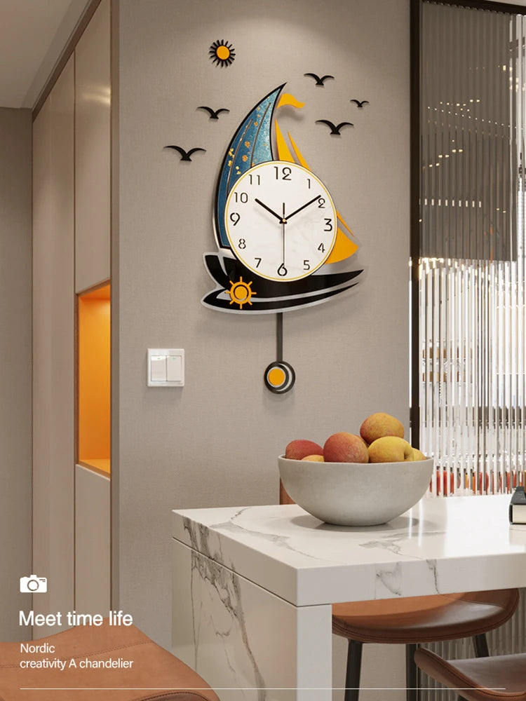 Nordic Sailboat Wall Clock for Living Room, 3D Swing Watch, Home Decoration, Light Luxury Horologe