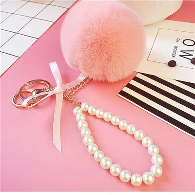 Car Women handBag Key Chain Fashion Pearl Chain Crystal Bottle Bow Pompom Keychain Fluffy Puff Ball Keychains Jewelry