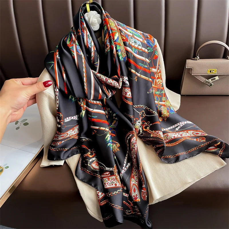 New 2025 180*88cm classic Silk Scarf Women Foulard Office lady Large Fashion Print Beach Hijab Shawl Warp Bandanna Muffler