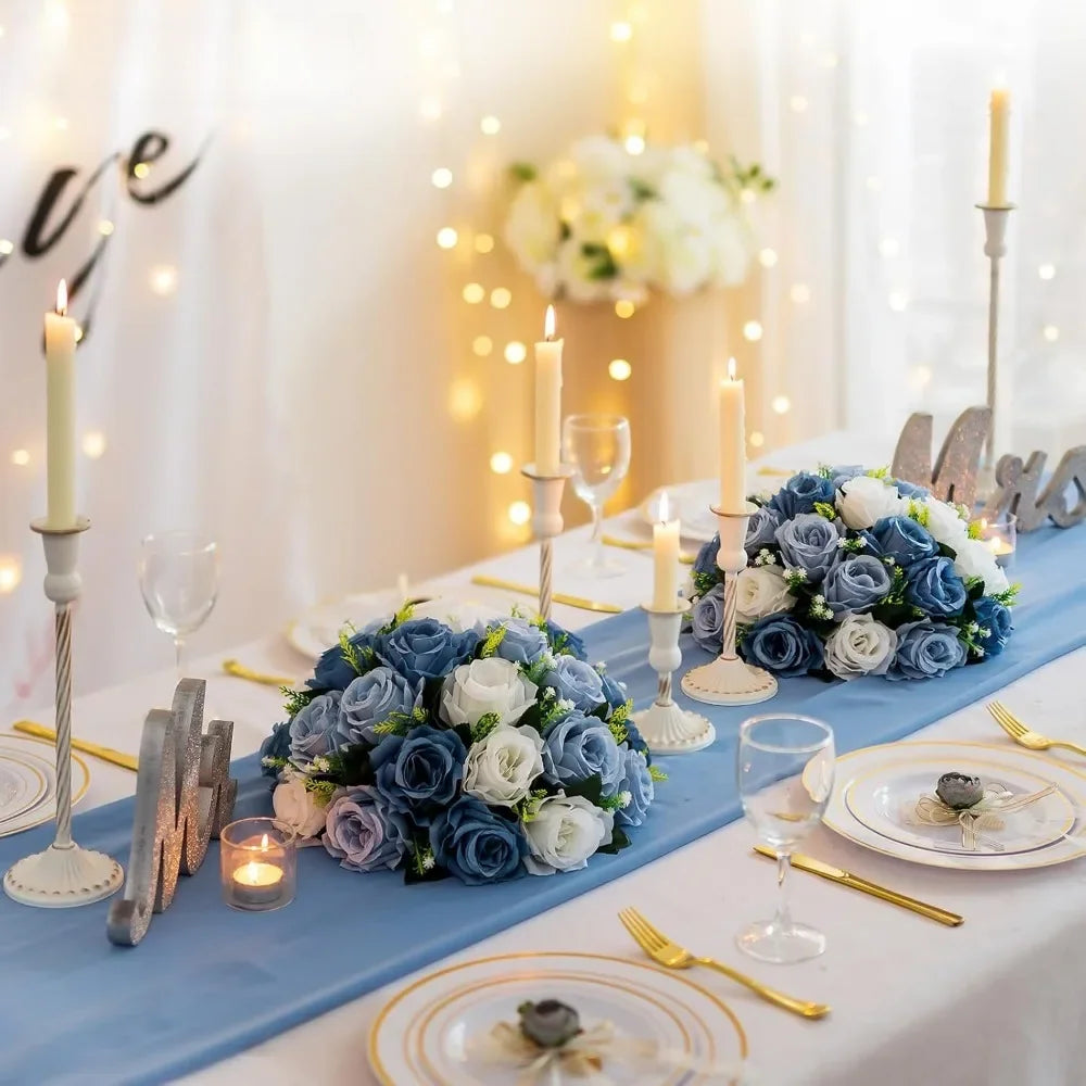 Wedding Artificial Flower Decorations, 10 Pieces of 13.8 Inch Diameter Blue and White Silk Fake Rose Dining Table Decorations