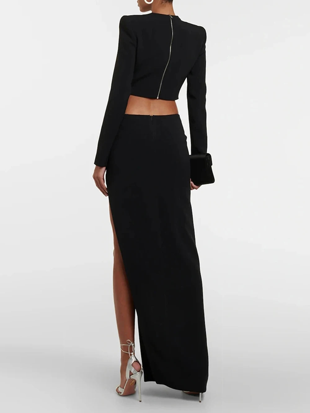 2025 New Hollow Out Diamond Short Top+Side Slit Long Skirt Bandage Two-Piece Set For Women Black Fashion Party Matching Outfits