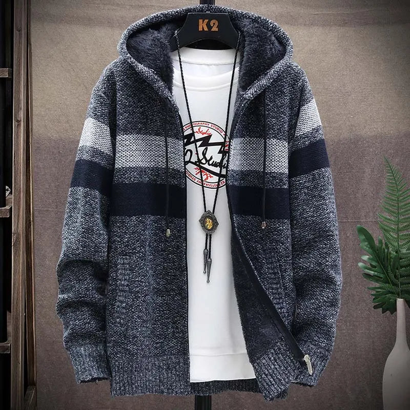 Men's Striped Sweater Coat Thick Fleece Warm Zipper Wool Hooded Cardigan Jumpers Men Long Sleeve Knitted Sweaters