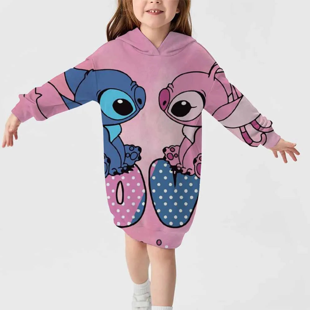 2024 neuer Disney-Stichmuster-Kapuzenrock für Herbst und Winter für Mädchen, süßes, bequemes Langarm-Kapuzenpulloverkleid 