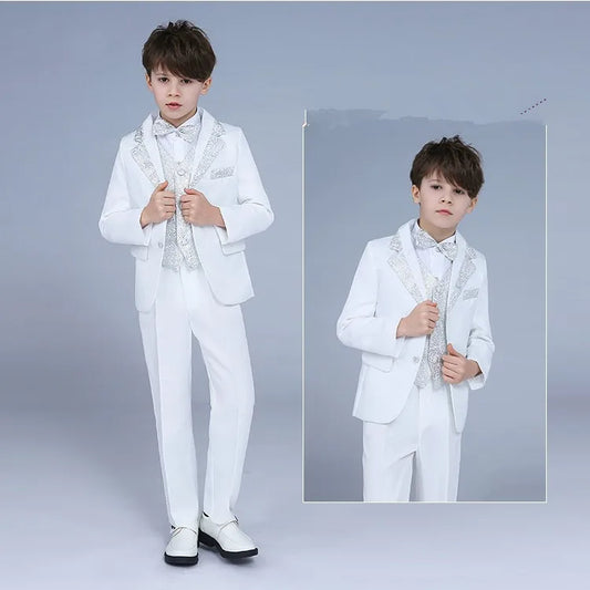 Kids Blazer 5Pieces/Set Jacket Vest Pants Shirt Bowtie Wedding Birthday Party Dress Boys Slim Fit Ceremony Photography Costume