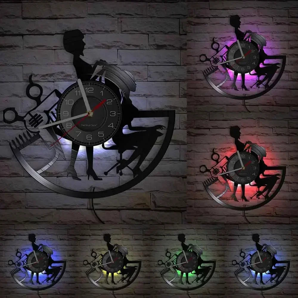 Barber Shop Sign Silent Haircutting Wall Clock Hairdressing Beauty Salon Design Vinyl Record Clock Watch Barber Shop Wall Decor