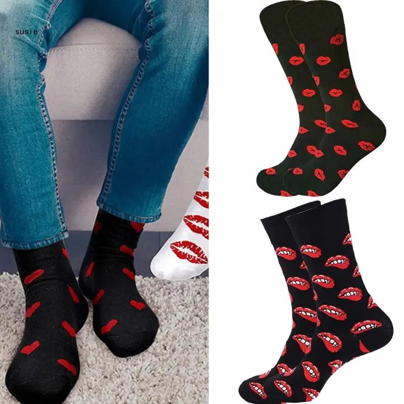 Cotton Middle Calf Socks for Him and Her Heart Lips Pattern for Valentines Day X7YA