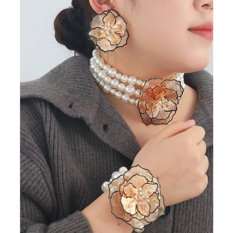 Ladies' Pearl Camellia Necklace Bracelet Earrings Retro Jewelry Trend Exaggerated Jewelry Set Party Gifts Wholesale