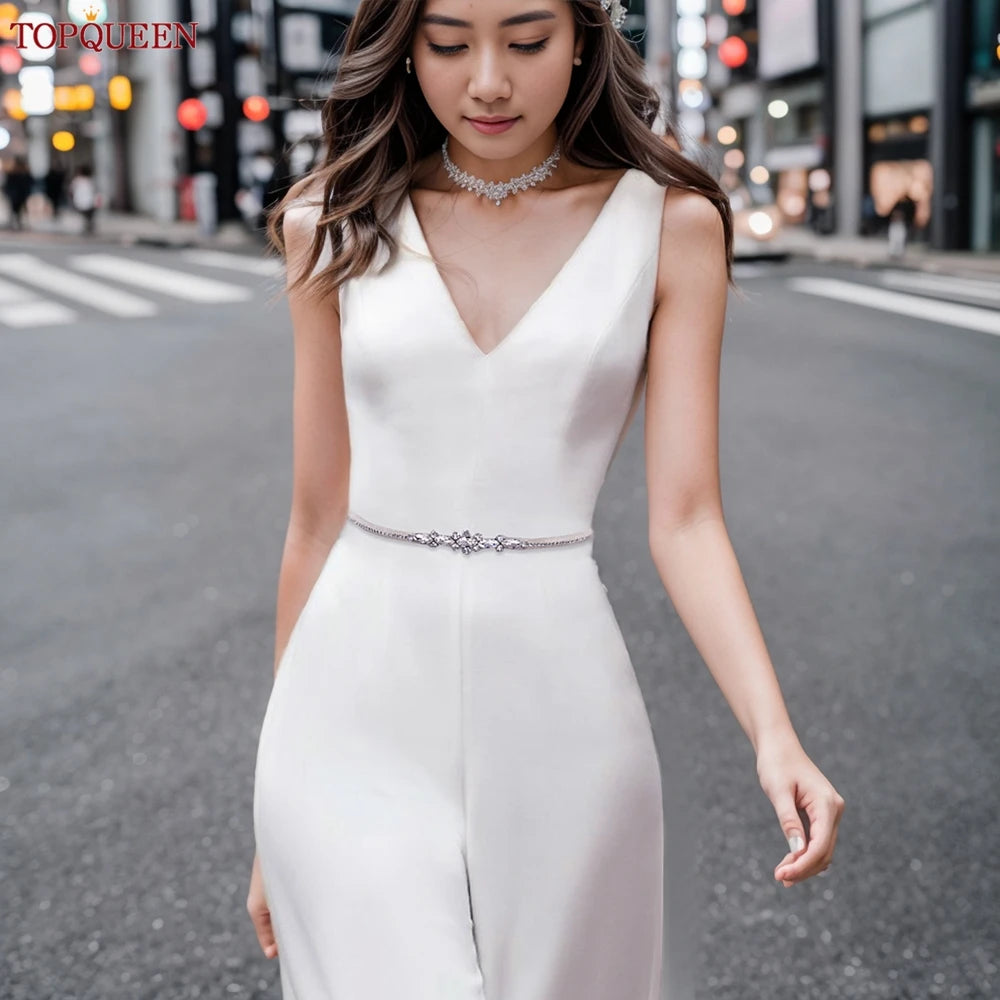 TOPQUEEN Wholesale Wedding Accessories Silver Rhinestone Bridal Thin Belt Formal Dress Waist Decoration Bridesmaid Belt S386
