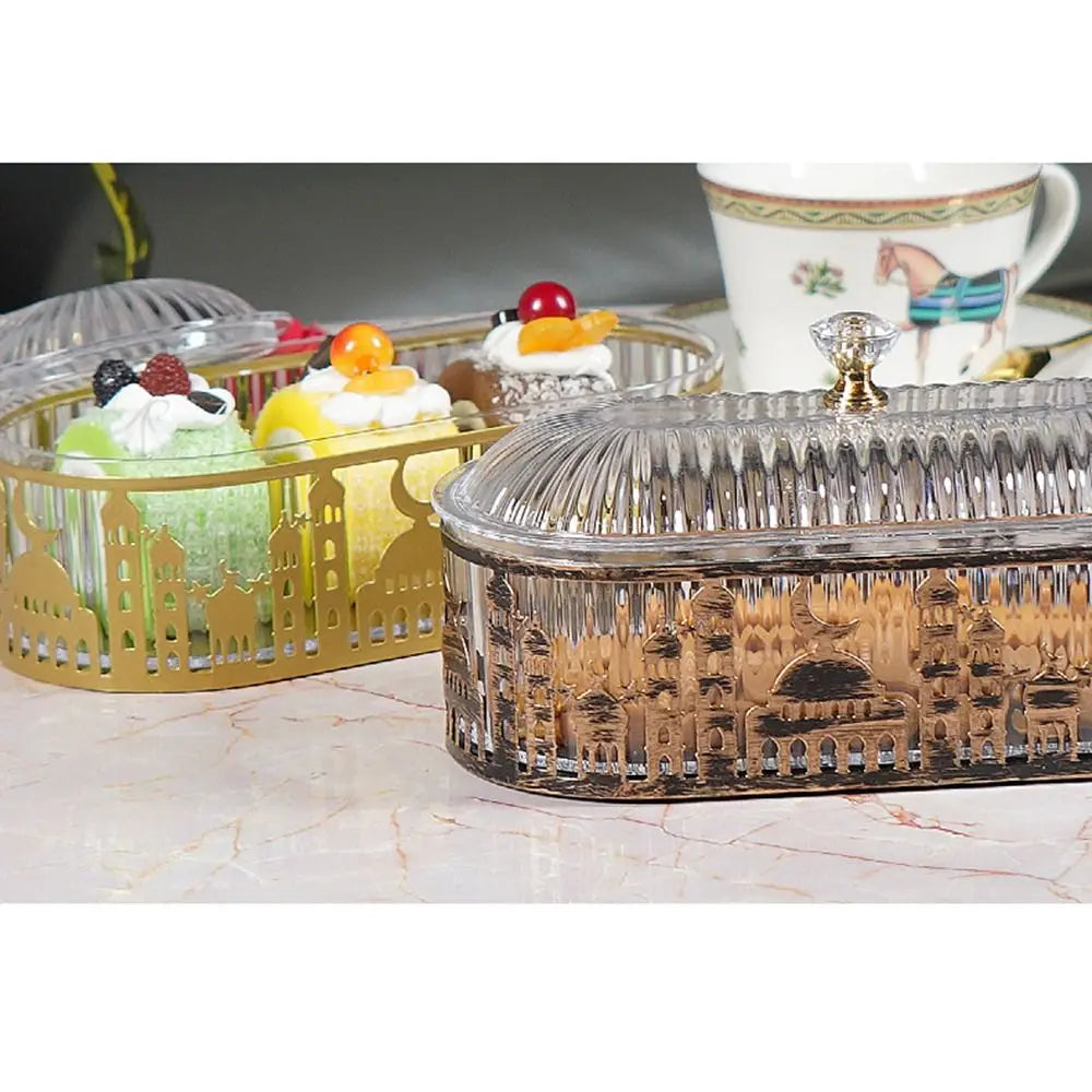 Dust-proof Dining Table Tray Eid Mubarak Decorative Ramadan Dessert Storage Box Portable Embossed Shape Candy Dish with Lid