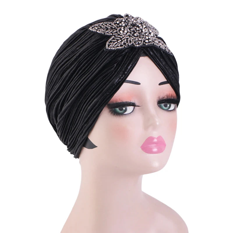 New Rhinestone Flower Turban For Women Elegant Pleated Skull Cap Muslim Hijab Hat Headwraps Elastic Ramadan Beanies Chemo Cap