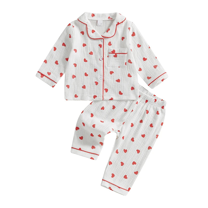 Kids Girls Valentine s Day Pajamas Heart Print Long Sleeves Shirt and Elastic Pants for Loungewear Sleepwear